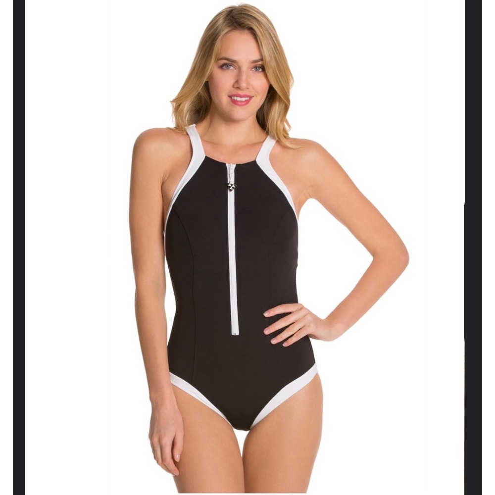 Seafolly black and white block high neck zip front one piece swimsuit